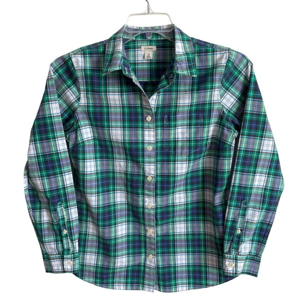 L.L. Bean Women Green Plaid Long Sleeve Button-Down Shirt Size XS